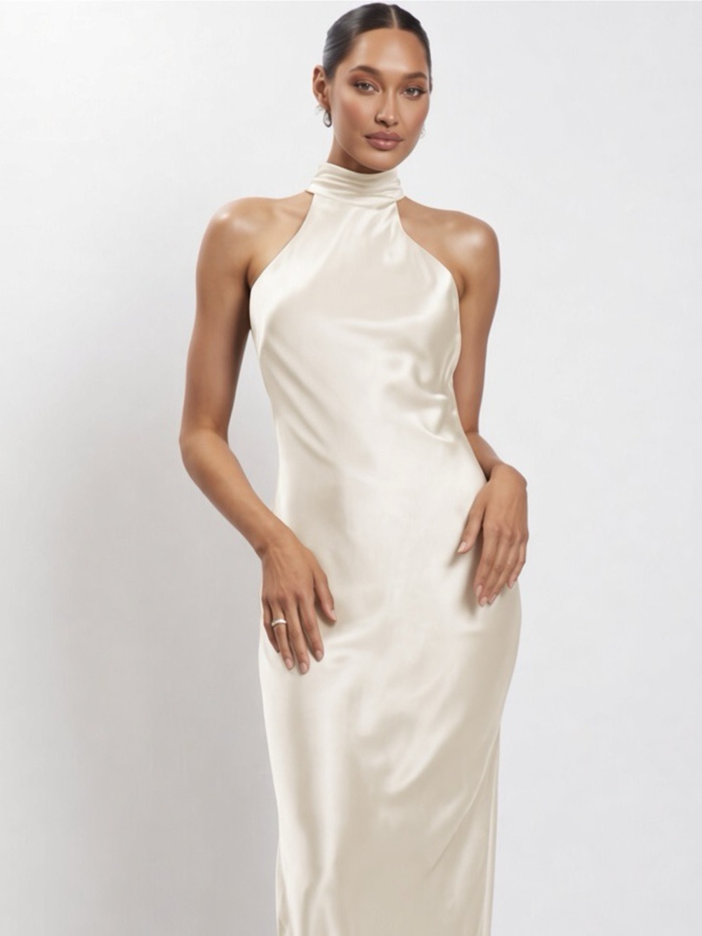 Meshki Claire Satin Drape Back Maxi Dress with Slit in Cream Size XXS Gown